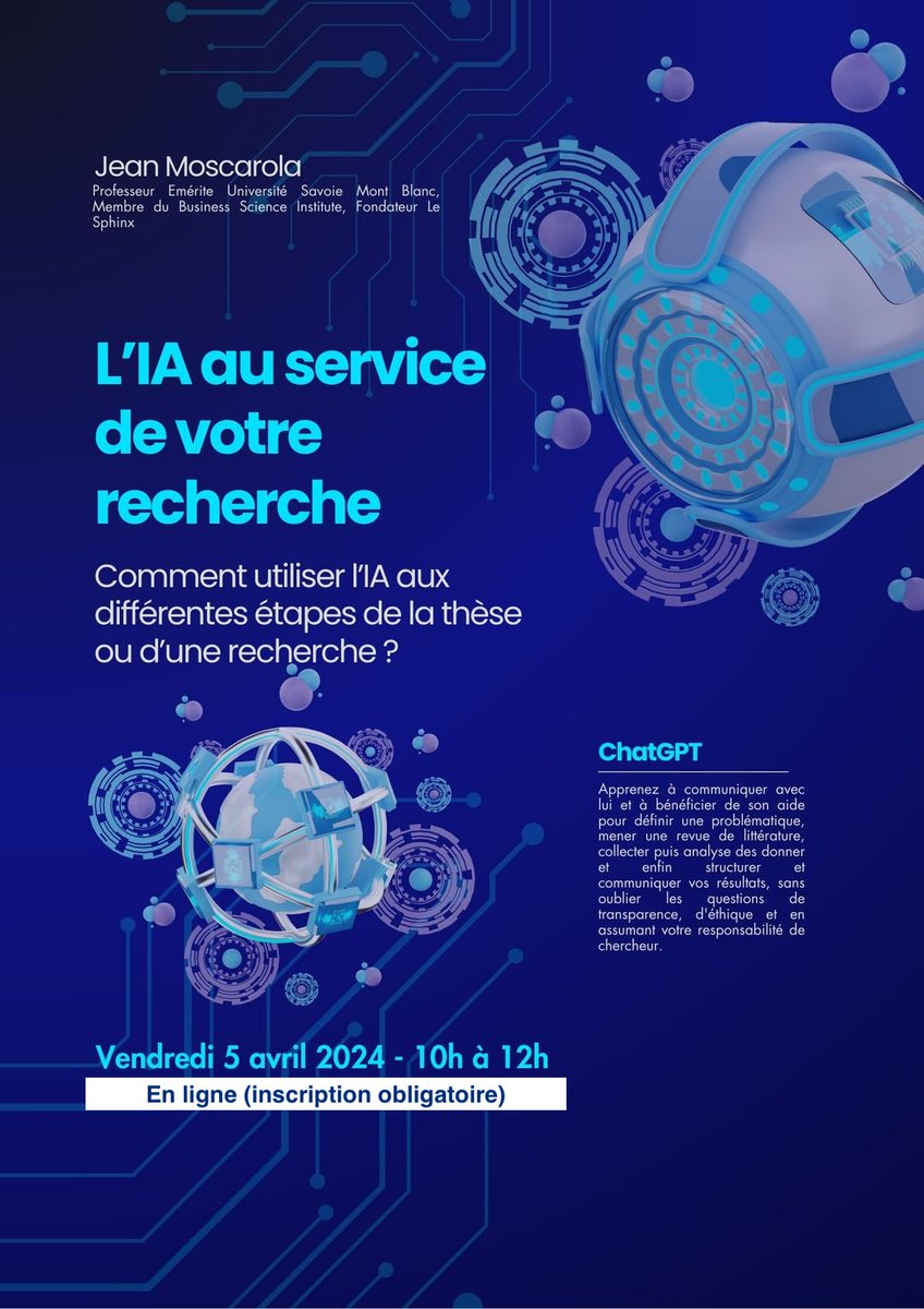 𝗟’𝗜𝗔 𝗔𝗨 𝗦𝗘𝗥𝗩𝗜𝗖𝗘 𝗗𝗘 𝗩𝗢𝗧𝗥𝗘 𝗥𝗘𝗖𝗛𝗘𝗥𝗖𝗛𝗘, conférence animée par Jean Moscarola et organisée par l'IAE en collaboration avec <a href="/Aunege/">AUNEGe</a> 
⚠️Changement de format : en ligne 
🗓️le 5/04 à 10h
Les inscriptions sont toujours ouvertes : forms.gle/E8t4oqrwrpprYX…