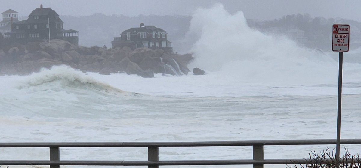 Monster breakers! #Gloucester ma #Noreaster 04APR24  Bass Rocks waves coming over.