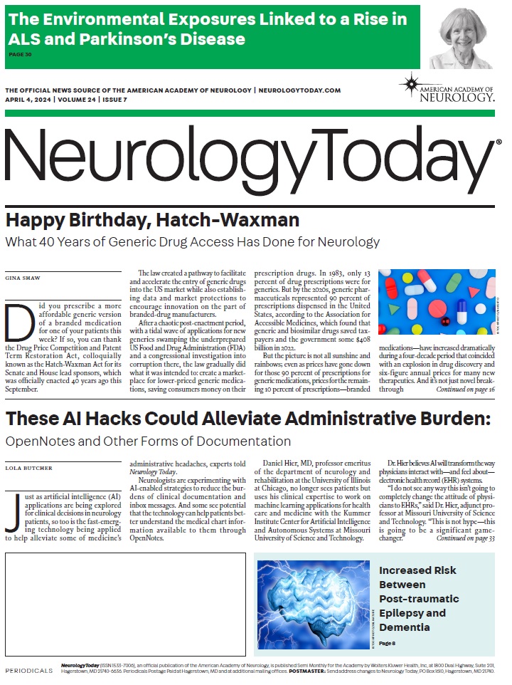 Our April 4 issue is live! Read on for stories about how 40 years of #HatchWaxman have affected neurology, ways #AI could alleviate administrative burden, environmental factors linked to #ALS and #Parkinsons disease, and much more: bit.ly/3irONIc #NeuroTwitter @AANMember