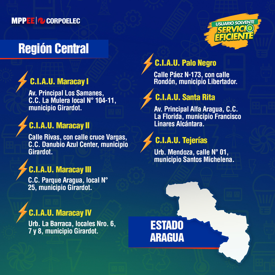 #Corpoelec pone a tu disposición los Centros Integrales de Atención al Usuario en el estado #Aragua para cancelar la factura del servicio eléctrico y ser atendido de manera personalizada.

¡Usuario Solvente, Servicio Eficiente!

#VenezuelaAntiFascista