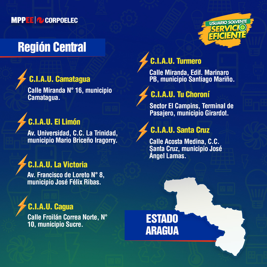 CorpoelecInfo's tweet photo. #Corpoelec pone a tu disposición los Centros Integrales de Atención al Usuario en el estado #Aragua para cancelar la factura del servicio eléctrico y ser atendido de manera personalizada.

¡Usuario Solvente, Servicio Eficiente!

#VenezuelaAntiFascista https://t.co/LbnEQlZR5E