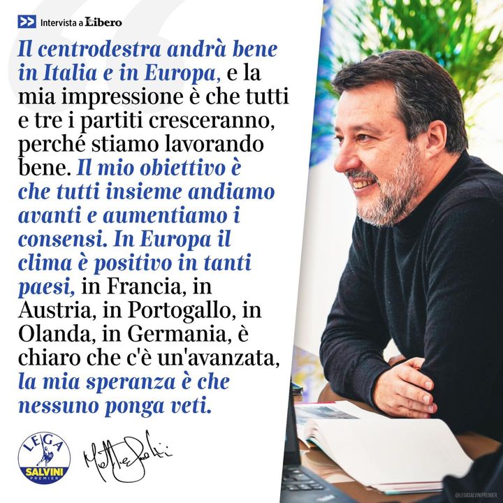 🔵 Intervista di Matteo #Salvini a Libero: “Il centrodestra andrà bene in Italia e in Europa, e la mia impressione è che tutti e tre i partiti cresceranno, perché stiamo lavorando bene. Il mio obiettivo è che tutti insieme andiamo avanti e… facebook.com/50315025116667…