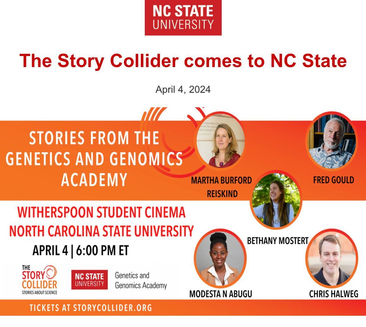 TODAY! The Story Collider is coming to NC State! Join the live, story-telling science show as five scientists from NC State's Genetics and Genomics Academy share a personal story about science from 6-8 pm. Free to attend. Reserve your spot & learn more: buff.ly/3TtSVbF