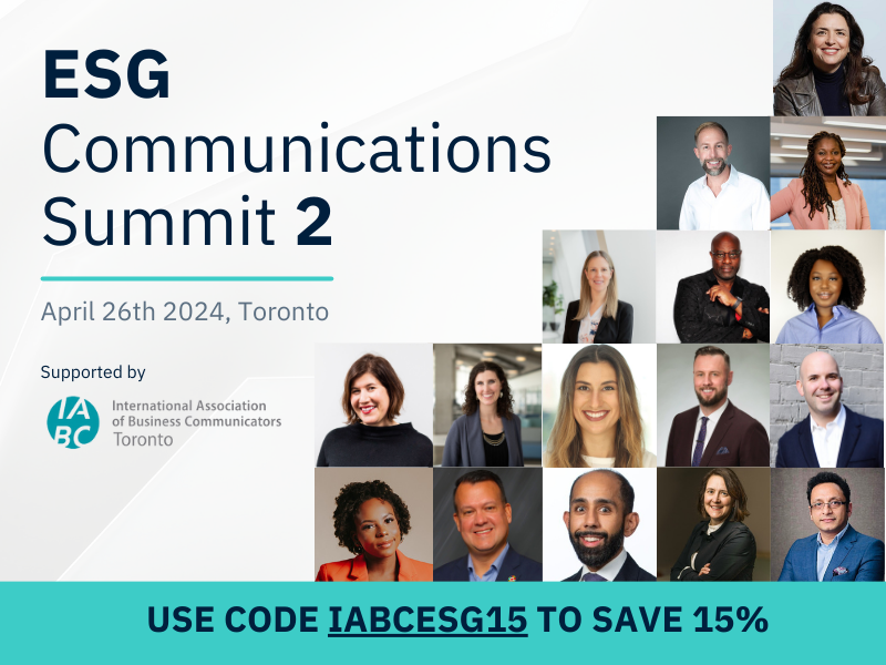 Exclusive Offer for #IABC Toronto Members! Use code IABCESG15 to unlock a 15% discount for the ESG Communications Summit 2 on April 26th in #Toronto, and gain insights from 20+ experts including TELUS, Husky Technologies, L'Oreal Canada, and more: thepworld.com/event/esg-comm…