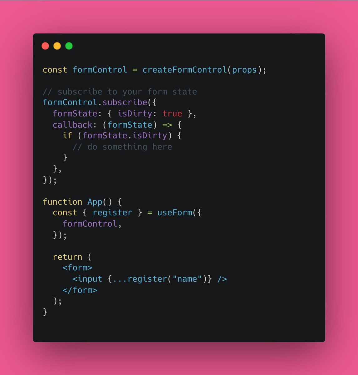 HookForm's tweet image. We are planning to support subscribing to form state updates without the UI render. Let us know your thoughts.
