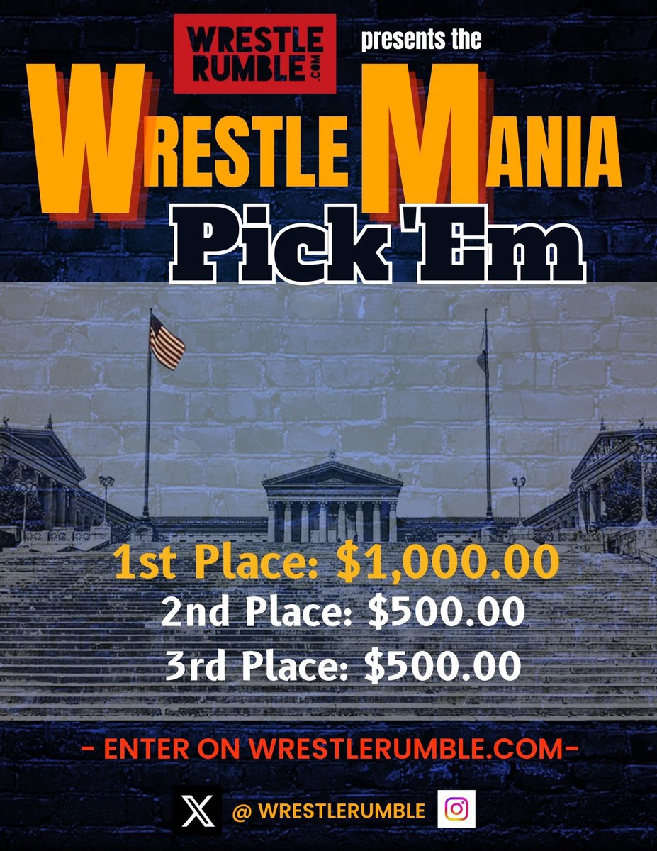 🔥WRESTLE RUMBLE GIVEAWAY!!!🔥 It’s that time for the WRESTLEMANIA PICK EM’ !!!!!! LFGGGGGG @WrestleRumble gave me 5 FREE ENTRIES to giveaway! ENTER: 🔥 REPOST 🔥 FOLLOW ME 🔥 COMMENT “ I WANT TO PICK EM #WrestleMania” This closes end of day! GOOD LUCK!!!