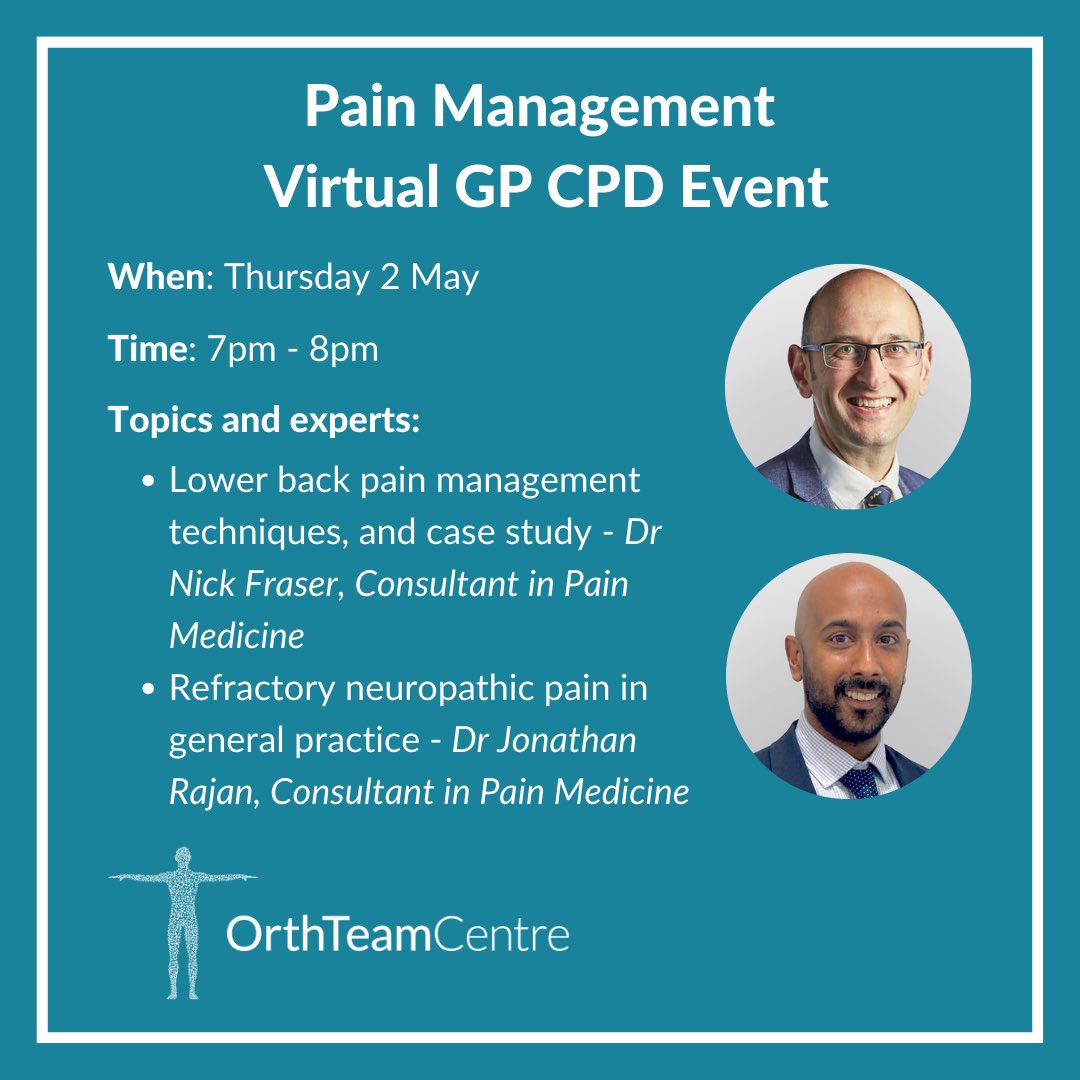 📢⏱GP’s Don’t Miss our Virtual Pain Management Event!📢

Experts: 

▪️Dr Nick Fraser 
▪️Dr Jonathan Rajan

When: 2 May, 7 - 8pm

Secure your spot ➡️ orthteamcentre.co.uk/healthcare-pro…

#orthteamcentre #painmanagement #lowerbackpain #painmanagmenttechniques #neuropathicpain #gpevent #cpd