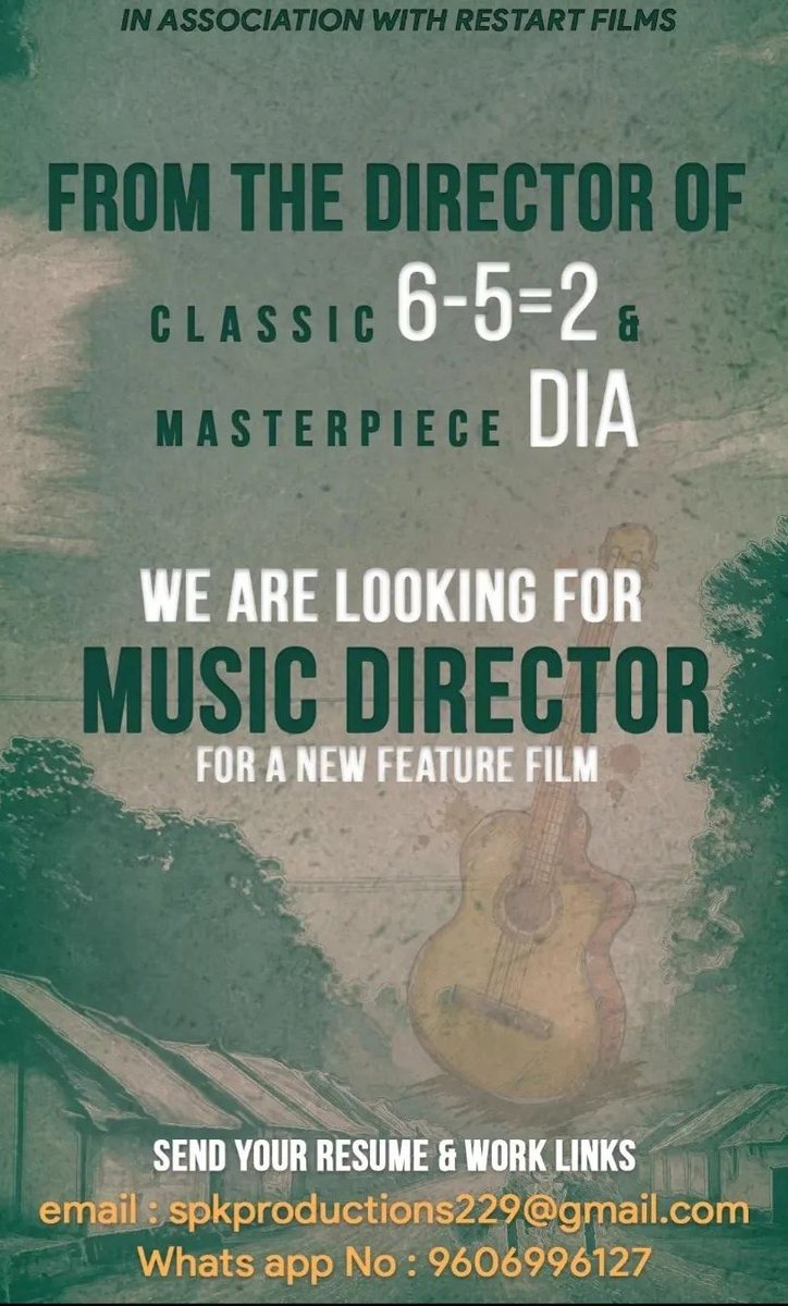 Director Ashok, known for his work '6-5=2' and 'Dia', is currently searching for a music director for his upcoming feature film.

Details in the below image

#DiaAshok #Dia #MusicDirector