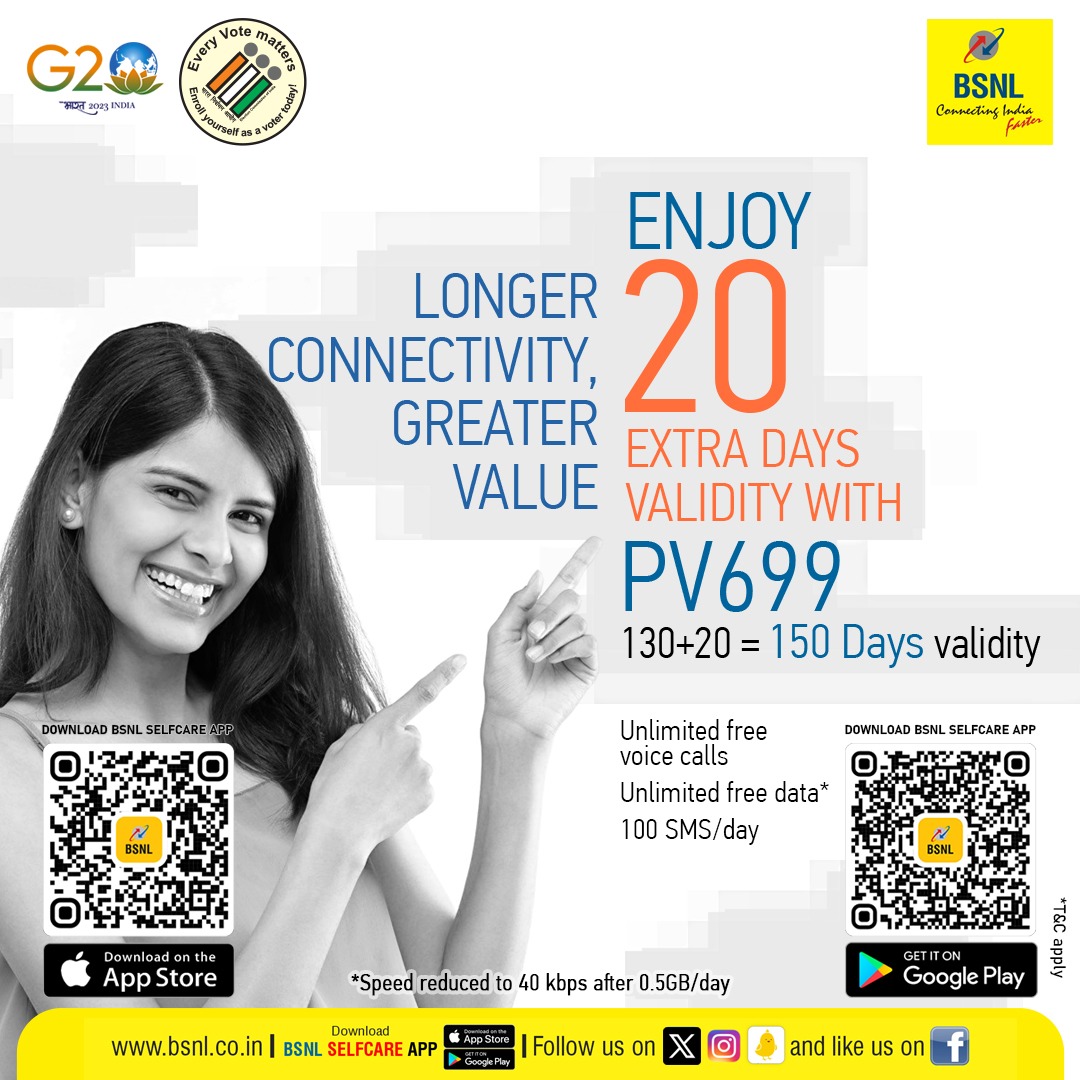 Maximize Your Connectivity, enjoy 20 Additional Days Validity, Unlimited voice, 100 SMS per day on our #PV699 Mobile Plan! #RechargeNow: bit.ly/STV0699 (For NZ,WZ & EZ), bit.ly/STV0699SZ (For SZ) #BSNL #BSNLRecharge #ExtraValidity