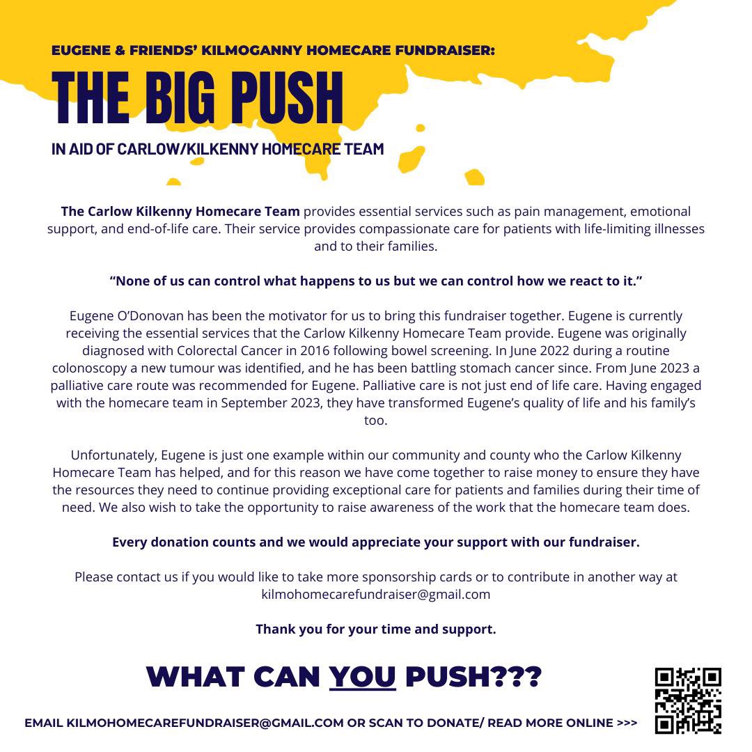 Carlow Kilkenny Homecare Team play a vital role within our community. Eugene O’Donovan has needed their life-changing services over recent years. Support this fundraiser on April 20th and share this post to raise awareness. idonate.ie/fundraiser/kil… @kilkennylgfa @CarlowLGFA
