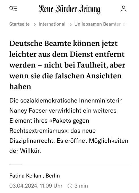 #Faeser's Träume werden wahr

Das seit dem 01.04. geltende Disziplinarrecht ermöglicht dem Staat die Begrenzung der Meinungsfreiheit. Beamte können nach unliebsamer Meinungsäußerung aus dem Dienst entfernt werden. 
Eine richterliche Anordnung ist NICHT mehr erforderlich! 1/2