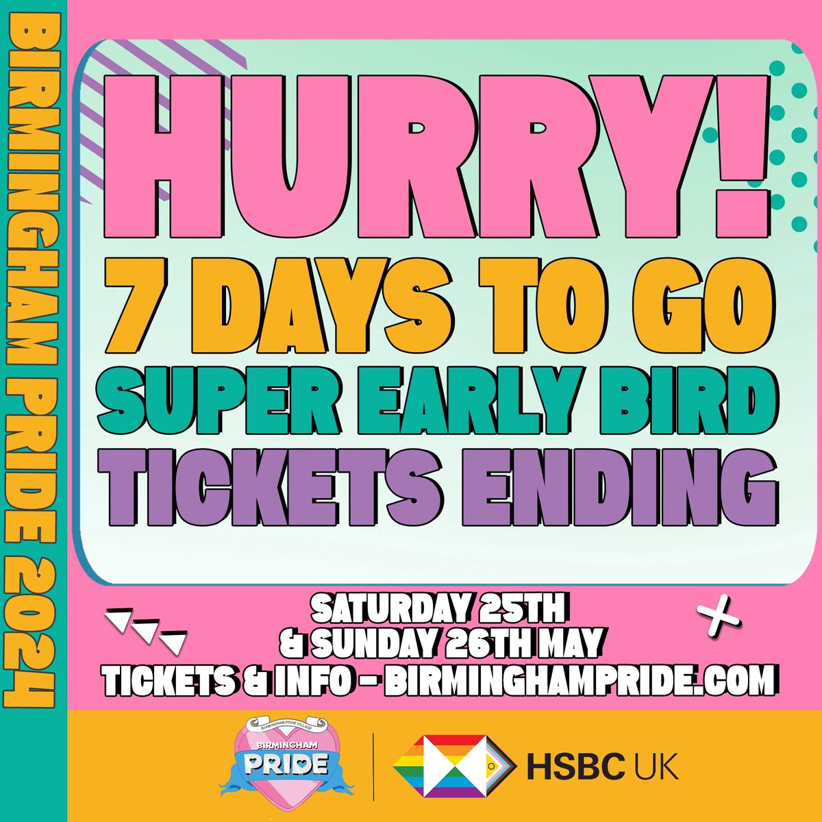 Birmingham Pride (@birminghampride) on Twitter photo 🚨HURRY! HURRY! HURRY!🚨
Super Early Bird tickets are ENDING in just SEVEN DAYS!
Save £££’s and grab your <a href="/BirminghamPride/">Birmingham Pride</a> ‘Super Early Buy’ tickets TODAY before it’s too late!
⏰DON’T DELAY! BUY TODAY!
🎟️ Tickets: birminghampride.com 🚨HURRY! HURRY! HURRY!🚨
Super Early Bird tickets are ENDING in just SEVEN DAYS!
Save £££’s and grab your <a href="/BirminghamPride/">Birmingham Pride</a> ‘Super Early Buy’ tickets TODAY before it’s too late!
⏰DON’T DELAY! BUY TODAY!
🎟️ Tickets: birminghampride.com