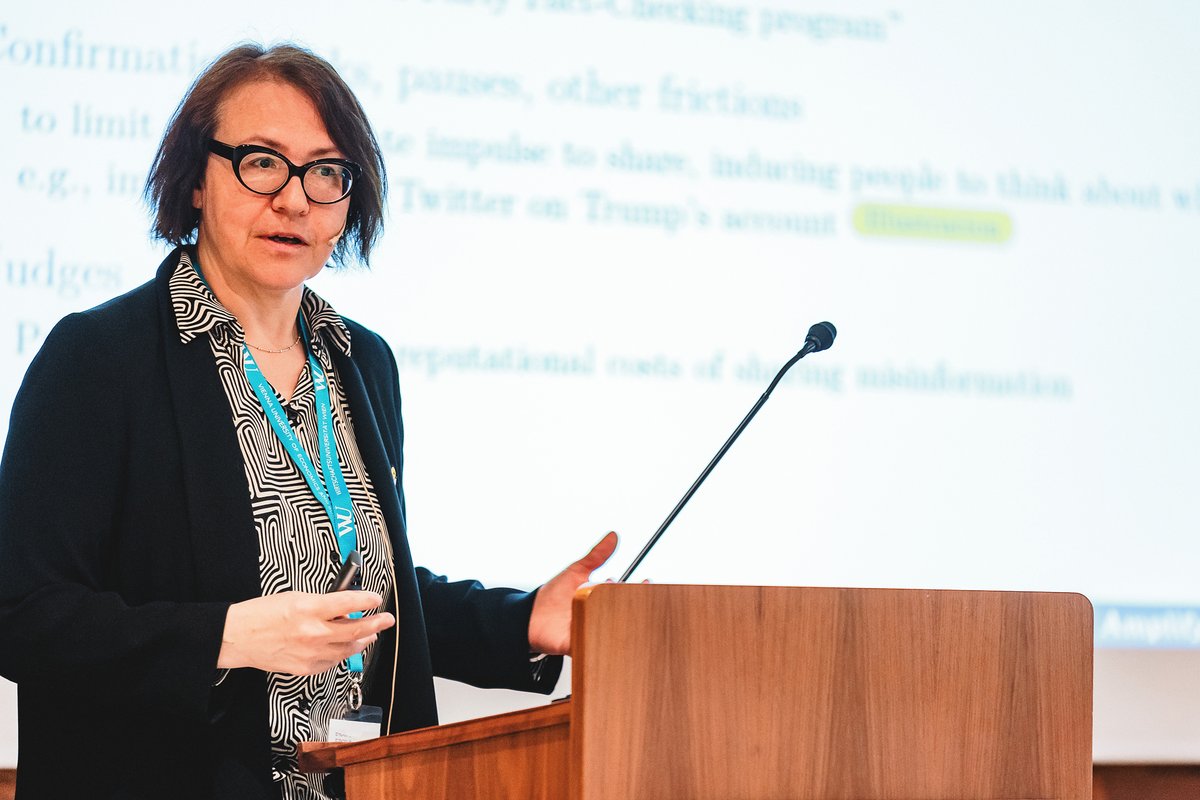 Ekaterina Zhuravskaya (@PSEinfo) delivers a fascinating keynote presentation at #epcs2024, evaluating scientifically the effects of different approaches to counteracting fake news on Twitter. @wu_vienna @Eco_Austria