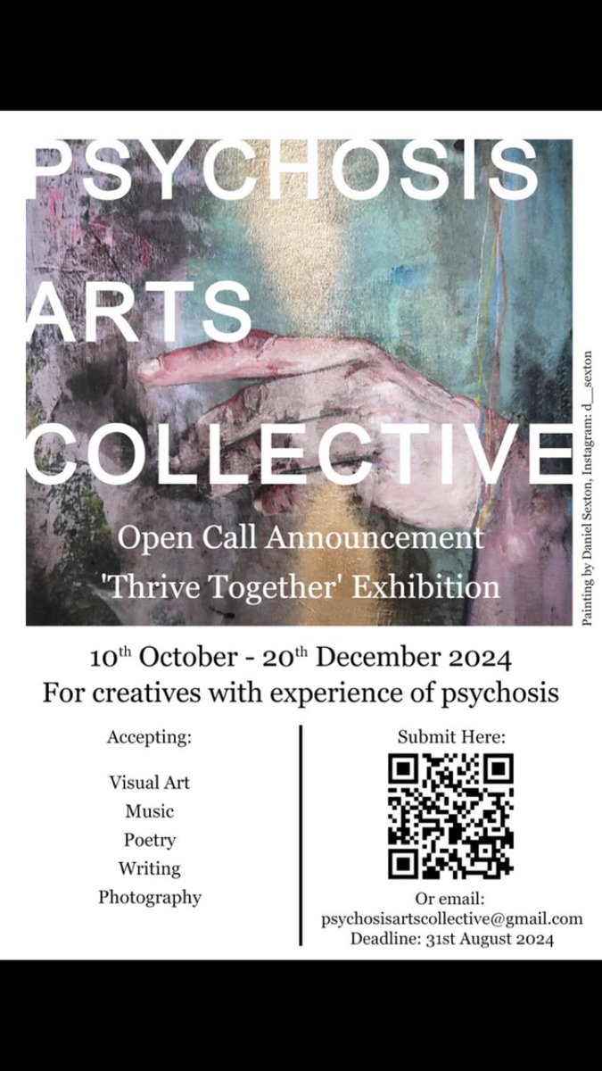 Delighted to announce our next exhibition - ‘Thrive Together’

We are now open for submissions once again!

Can’t wait to see some great work coming our way over the next few months.

#art #psychosis #mentalhealth #poetry #writing #artcollective #livedexperience