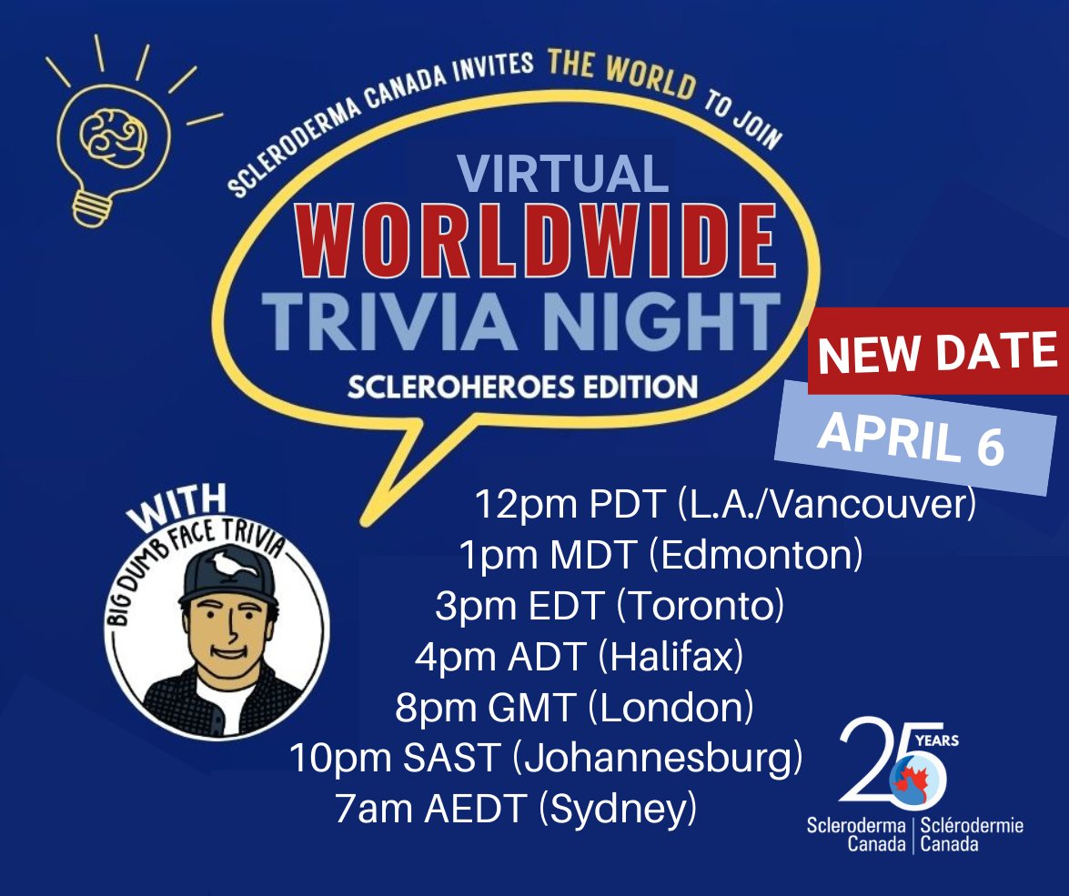 Only 2 days until Virtual Worldwide Trivia hosted by @adamcrockatt! Thank you to everyone who has registered for our FREE Trivia event. We are excited to see you all on April 6th. Check your email for the Zoom link. Haven't registered? There's still time! scleroderma.ca/event-details/…