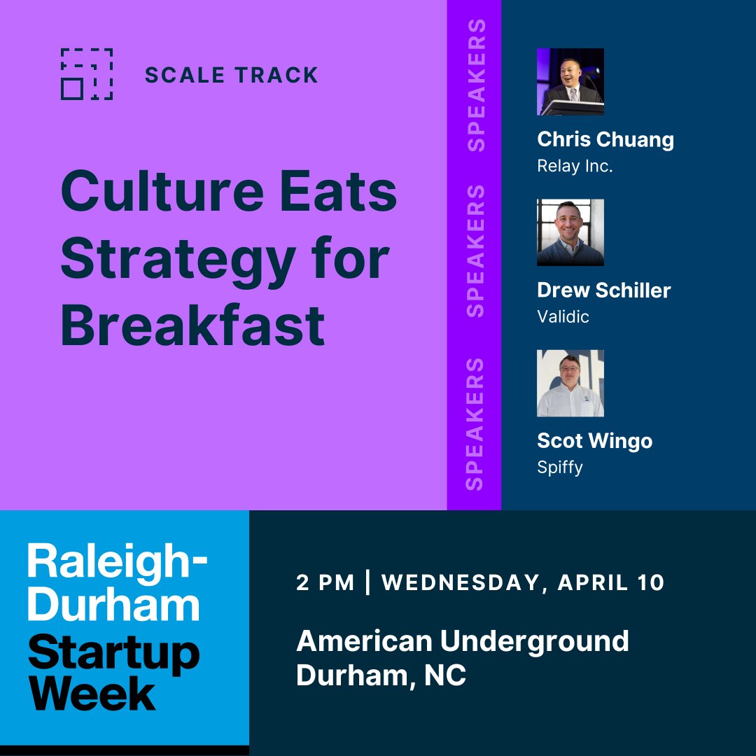 Hear from local Founders and CEOs on the impacts culture has had on their organizations, how it has been developed, and what they've learned in the process.

Register for this session and 50+ other events: raleighdurhamstartupweek.com

#rdsw2024 #yalltech