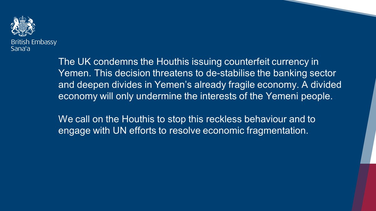 We condemn the Houthi move to further divide Yemen's economy