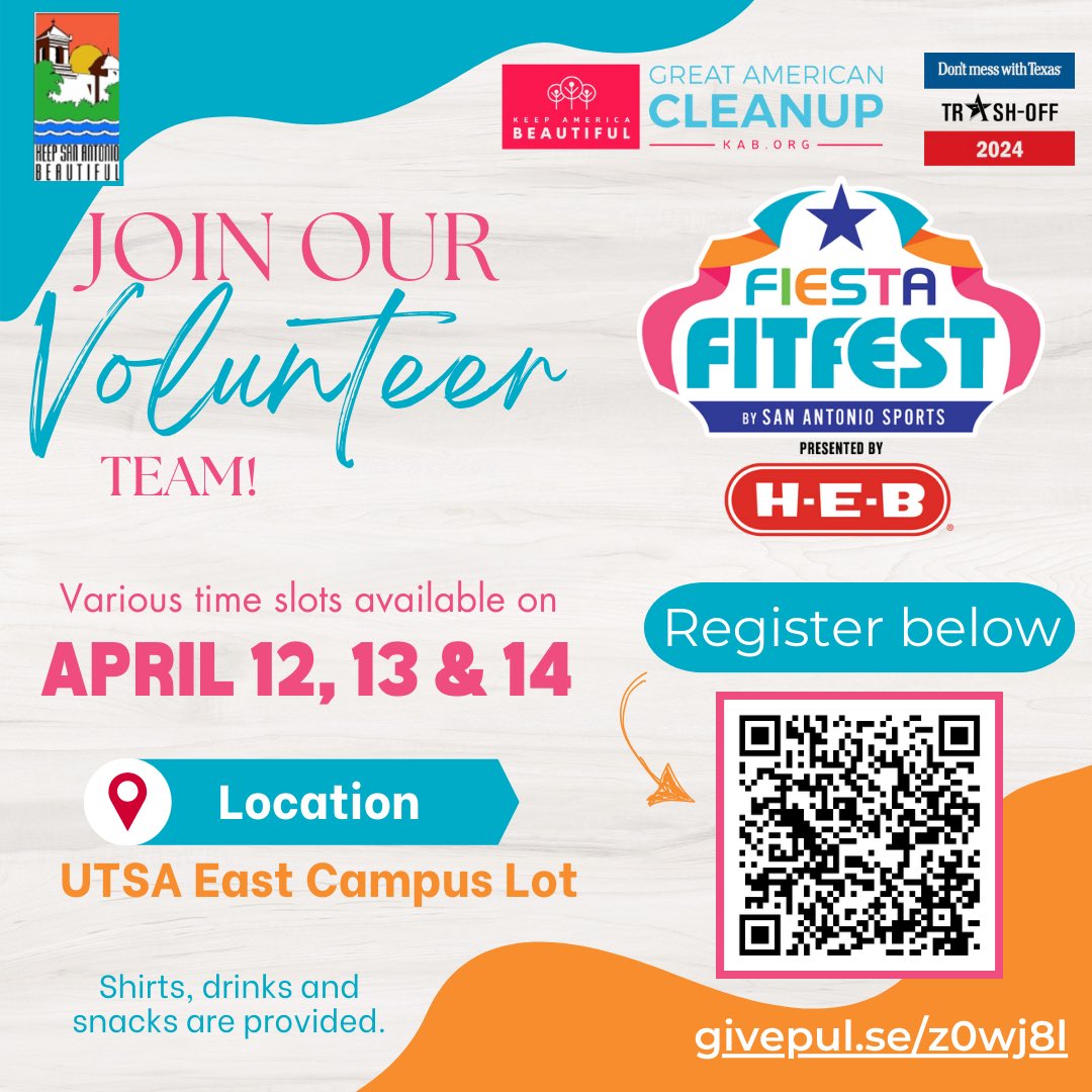 April is Don’t Mess with Texas Trash Off! Join our Volunteer team at @SA_Sports Fiesta FitFest! Let’s team up with The Great American CleanUp & @DMWT_Program Trash Off to keep San Antonio beautiful 🙌🏼 #keepSAbeautiful #BeautifyTX #DontMesswithTexas #FiestaFitFest