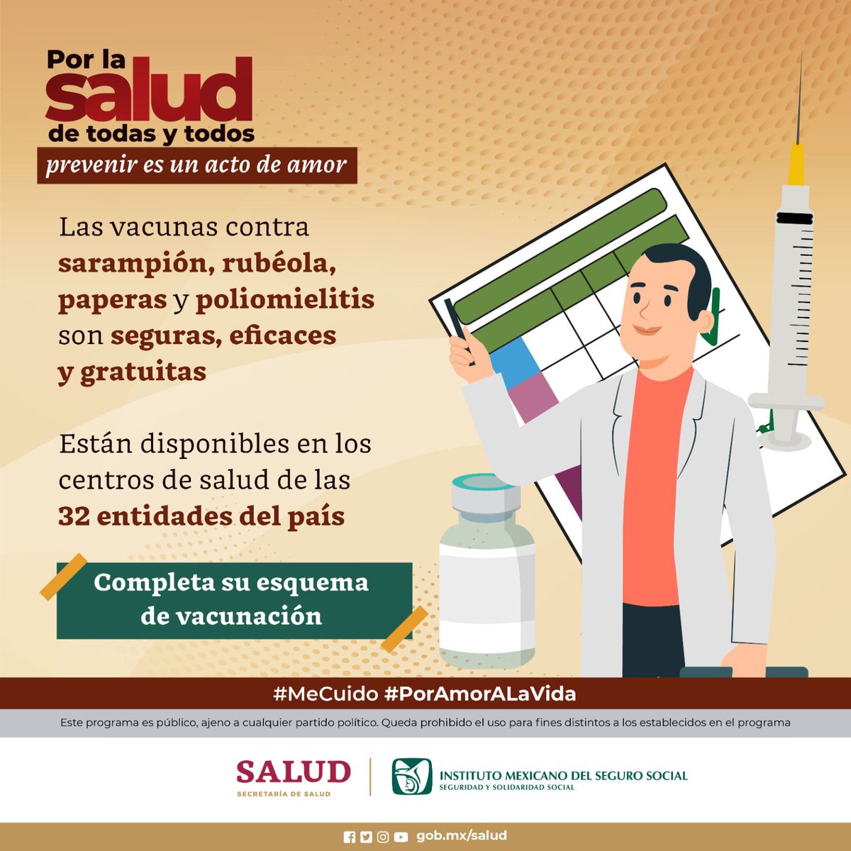 Por la salud de todas y todos prevenir es un acto de amor.

💉 Las vacunas contra #sarampión, #rubéola, #paperas y #poliomielitis son seguras, eficaces y gratuitas.

#MeCuido #PorAmorALaVida