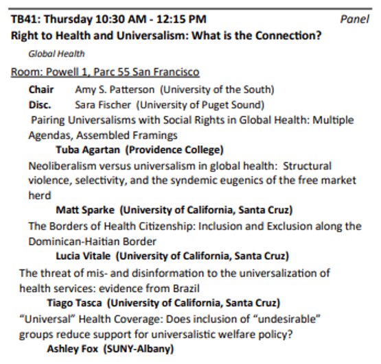 Join us at 10:30am for “Right to Health & Universalism” today at #ISA2024! Featuring the fabulous @aspatter_amy as chair, @SaraE_Fischer as discussant, and papers from @ashfoxly, @tiagottasca, Matt Sparke, @TubaAgartan, and yours truly! @isanet