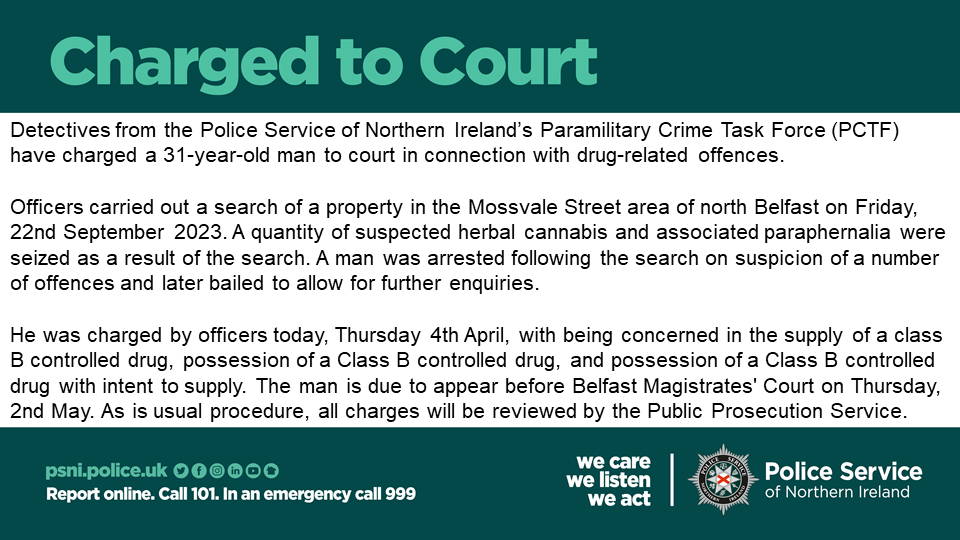 Detectives from our Paramilitary Crime Task Force (PCTF) have charged a 31-year-old man to court in connection with drug-related offences.