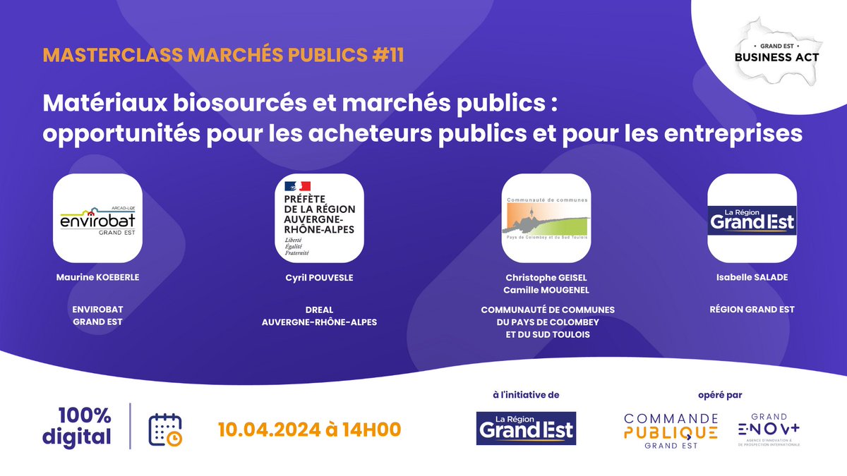 [MASTERCLASS MARCHES PUBLICS]

📅 Acheteurs publics et entreprises, RDV en ligne mercredi 10 avril à 14h pour en savoir plus sur l’utilisation des matériaux #biosourcés dans les #marchéspublics.

S’inscrire 👉commandepublique-grandest.fr/evenement/mast…