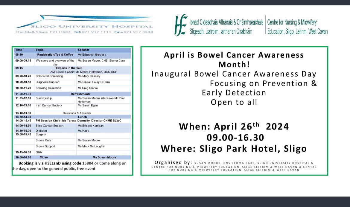 Bowel cancer awareness encourage your family and friends to attend this event @Marie_Casserly @MauraHeffernan2 @edelmcsharry @Claire_Ronan @clairedmcguire @OceanFmIreland @EileenMagnier