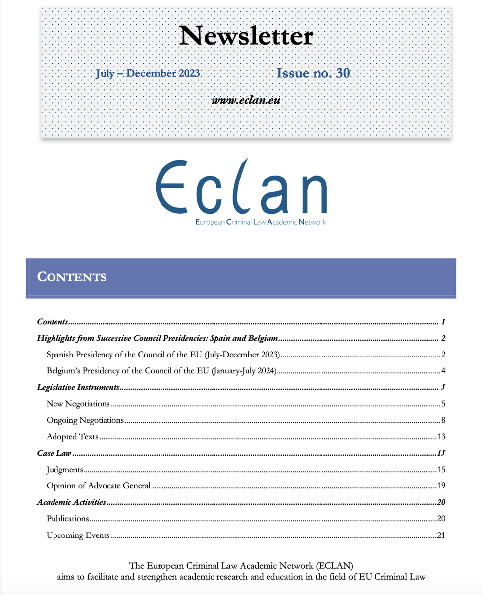 _ECLAN_'s tweet photo. 🔔 Exciting News! 

📢 The #ECLAN #Newsletter is back with our 30th Issue, featuring a refreshed format! 

📚Dive into the latest developments in European Criminal Law for the second half of 2023! 

Stay ahead, stay informed. Follow us for updates! 

https://t.co/FtR41WB9Ld https://t.co/3thzYvVNUU