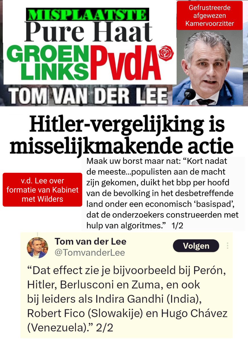 Een schofterige actie hier op X van #groenlinksPvdA #TomvanderLee. Een duidelijke indirecte vergelijking van #Wilders met #Hitler! Vals, abject, polariserend, demoniserend en dus bijzonder afkeurenswaardig en goedkoop. Geen wonder dat deze fielt geen Kamervoorzitter werd!