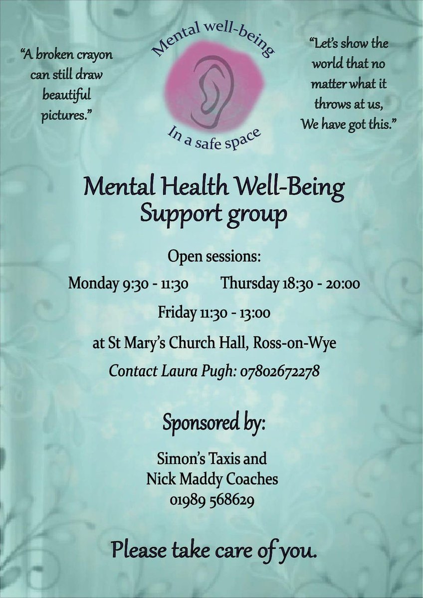 Mental Health Well-being Support Group - 3 times a week in Ross-on-Wye 📌St Mary's Church Hall, Ross-on-Wye 🔹Mondays: 9.30am - 11.30am 🔹Thursdays: 6.30pm - 8pm 🔹Fridays 11.30am - 1pm 📞Contact Laura for more information: 07802 672278 #MentalHealth #Herefordshire