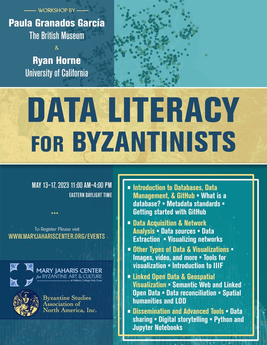 Registration is open for the final 2023–2024 Mary Jaharis Center & @bsanabsc workshop: Data Literacy for Byzantinists with Paula Granados García and Ryan Horne. May 13–17, 2024, on Zoom. Registration closes May 1. Description & registration: maryjahariscenter.org/events/data-li…
