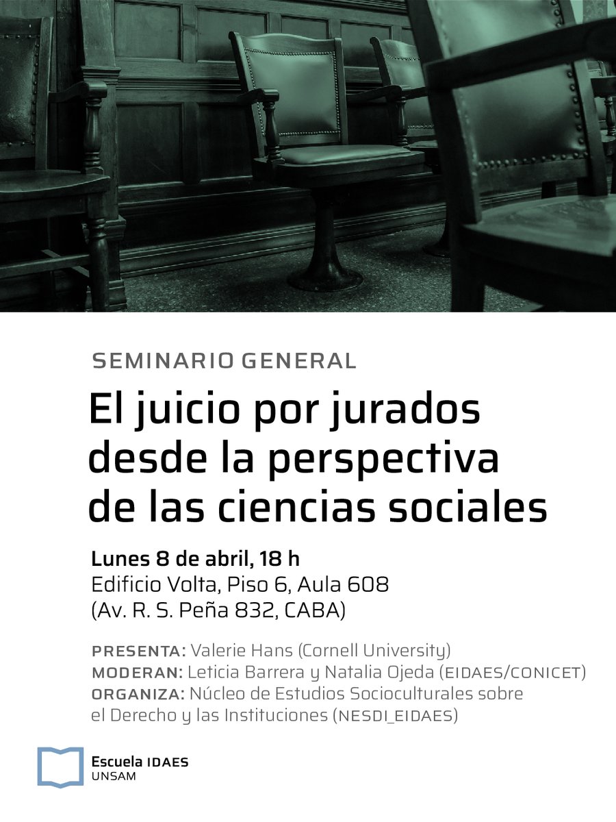 El Núcleo de Estudios Socioculturales sobre el Derecho y las Instituciones de la Escuela IDAES invita a participar del Seminario General 'EL JUICIO POR JURADOS DESDE LA PERSPECTIVA DE LAS CIENCIAS SOCIALES' ⚖️👇🏽 🗓 Lunes 8 de abril, 18 h 🌐 Actividad abierta