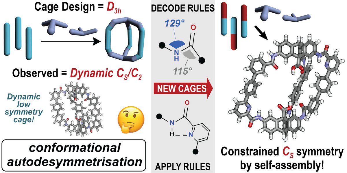 How do you make low-symmetry molecular organic cages using symmetrical building blocks? In new work out in @ChemicalScience we exploit “conformational autodesymmetrisation” to do just that. pubs.rsc.org/en/content/art…