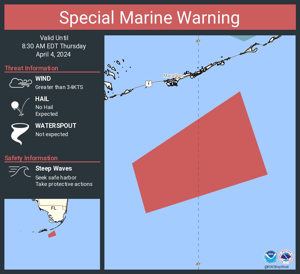 Special Marine Warning including the Straits of Florida from west end of Seven Mile Bridge to south of Halfmoon Shoal 20 to 60 NM out and Straits of Florida from Craig Key to west end of Seven Mile Bridge 20 to 60 NM out until 8:30 AM EDT
