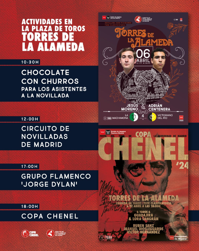 ftorodelidia's tweet photo. 📊 De la última corrida pueden salir 2 clasificados de la @CopaChenel: el primero pasará de fase directamente y el segundo debería superar la puntuación de los que, hasta la fecha, son los 2 mejores segundos: Cristian Pérez (14,69) y José Fernando Molina (14,30). Eso sí, muy pendientes de lo que ocurra en la corrida aplazada de Villarejo de Salvanés.
Será todo en un sábado apasionante en Torres de la Alameda donde por la mañana disfrutaremos de una chocolatada con churros antes de la novillada del @MadridCircuito y de un concierto flamenco antes de la corrida de la tarde.
