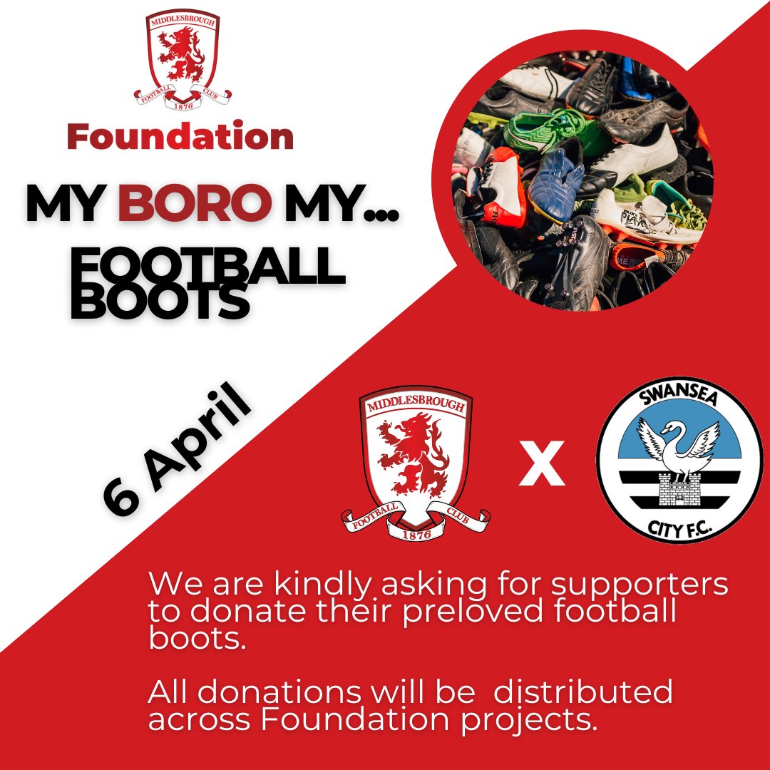 We are kindly asking #Boro supporters to donate any pre-loved football boots at this Saturday's @Boro match 👟 Our drop-off point, located behind the North Stand, will be open from 12pm until kick-off.