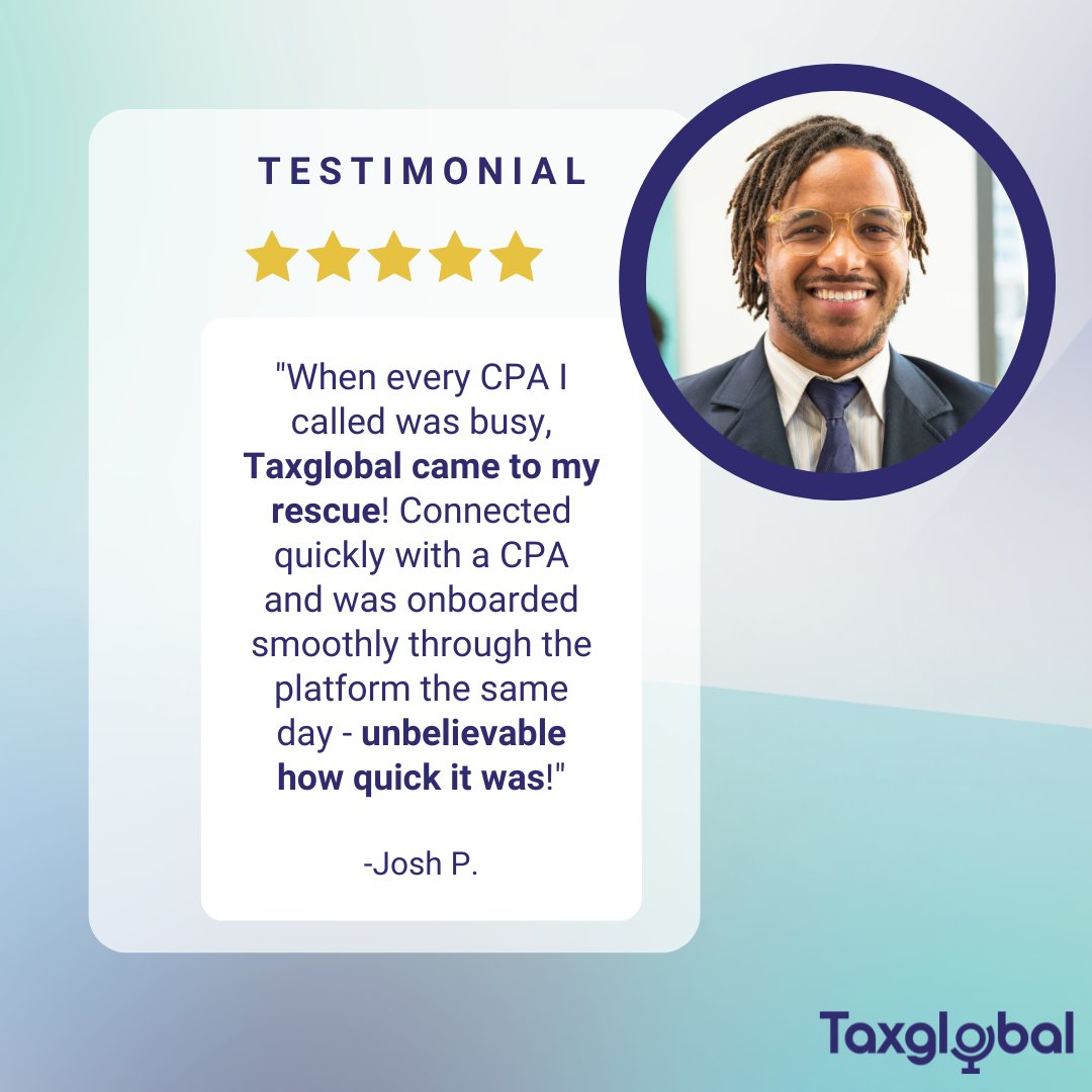 Tired of waiting weeks for your tax return? TaxGlobal can help! 🌎✔️

Match with a CPA for your specific needs on our platform in minutes. We connect taxpayers & tax pros for a stress-free tax season.

 #TaxGlobal #TaxReturn #FinTechStartup #CPA