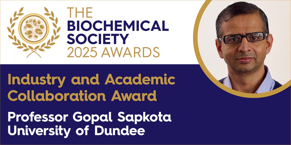 BiochemSoc's tweet photo. Our 2025 Industry and Academic Collaboration Award goes to @gpsapkota! His innovative research in reverse phosphorylation and ubiquitylation processes in cell signalling and disease has led to the development of drug-discovery tools and therapeutic intervention strategies @mrcppu https://t.co/4aKo4D4rxB