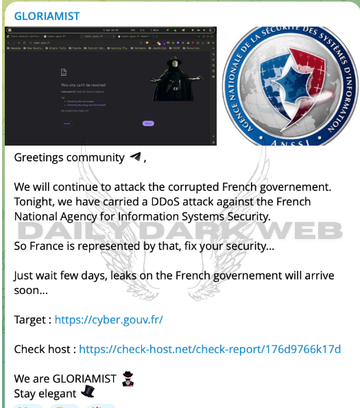 DailyDarkWeb's tweet photo. #France 🇫🇷 - GLORIAMIST allegedly carried out a #DDoS attack against the French National Agency for Information Systems Security

The group also announced their intention to publish leaks concerning the French government in a few days.

#DarkWeb https://t.co/AFtVrMhF5O