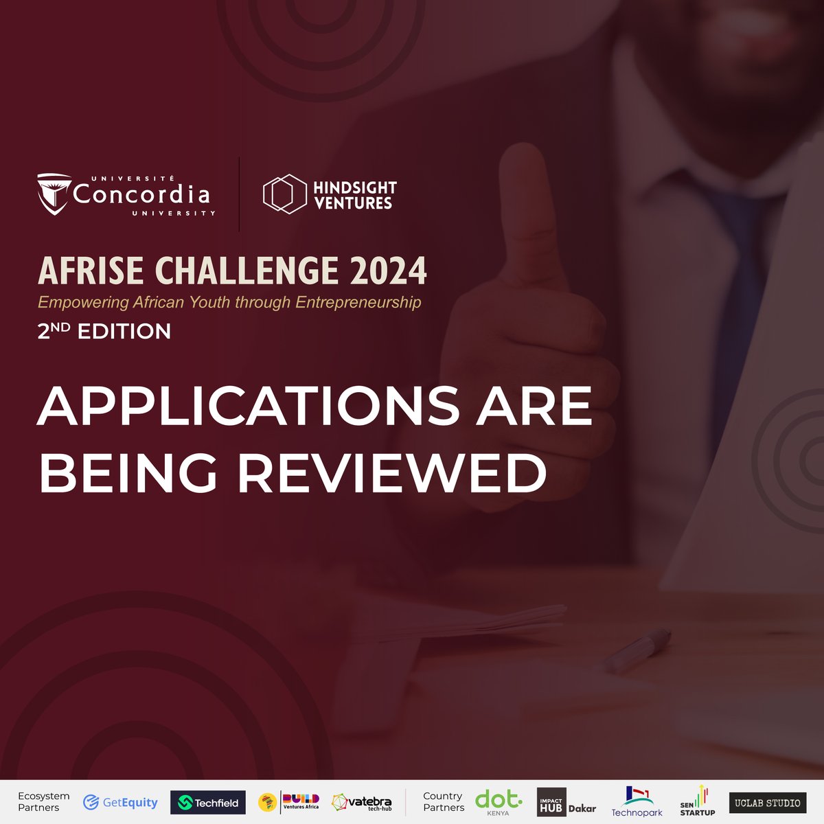 The application window for AFRISE Challenge 2024 by Concordia University has now been officially closed. We have received a grand total of 300 unique applications from the 5 countries. Stay tuned as we will be announcing the cohort of 30 startups. Thanks to our partners!