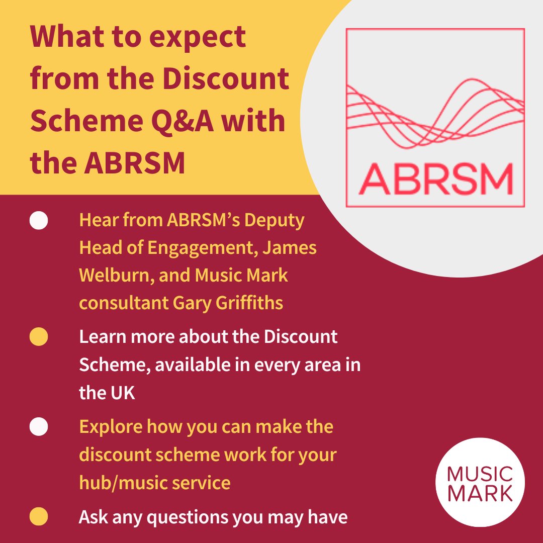 We have an Exam Discount Scheme Q&A coming up with the @ABRSM in a month! 📢 It's the perfect opportunity to learn how to get the most out of the scheme in your area, so that you can offer discounted exams in your music service 💡 🔗Find out more & book: ow.ly/ugty50R8bL6