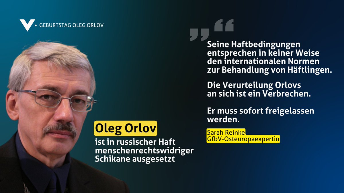 Oleg Orlov hat heute Geburtstag. Wir möchten darauf aufmerksam machen, dass er aktuell in Haft ist und schikaniert wird. Er ist Mitgründer der renommierten russischen Menschenrechtsorganisation @EnMemorial und wurde zu Unrecht verhaftet. Wir fordern seine sofortige Freilassung!