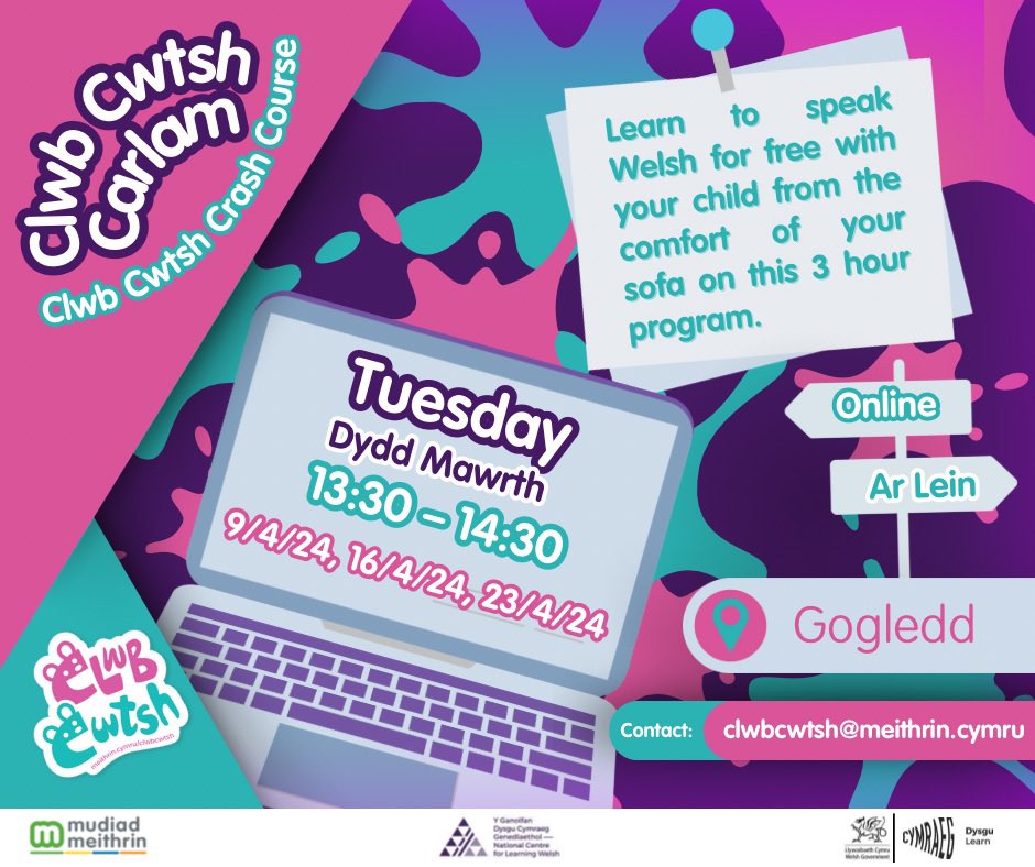 Clwb Cwtsh (@clwbcwtsh) on Twitter photo 📍Gogledd
Want to learn to speak Welsh with your child FOR FREE! Join us on our 3-hour taster course that starts next week🤩.
Dyddiadau / Dates:
09/04, 16/04, 23/04/24
👇🏻EWCH AMDANI / GO FOR IT
💌clwbcwtsh@meithrin.cymru
#dysgucymraeg #learnwelsh 📍Gogledd
Want to learn to speak Welsh with your child FOR FREE! Join us on our 3-hour taster course that starts next week🤩.
Dyddiadau / Dates:
09/04, 16/04, 23/04/24
👇🏻EWCH AMDANI / GO FOR IT
💌clwbcwtsh@meithrin.cymru
#dysgucymraeg #learnwelsh