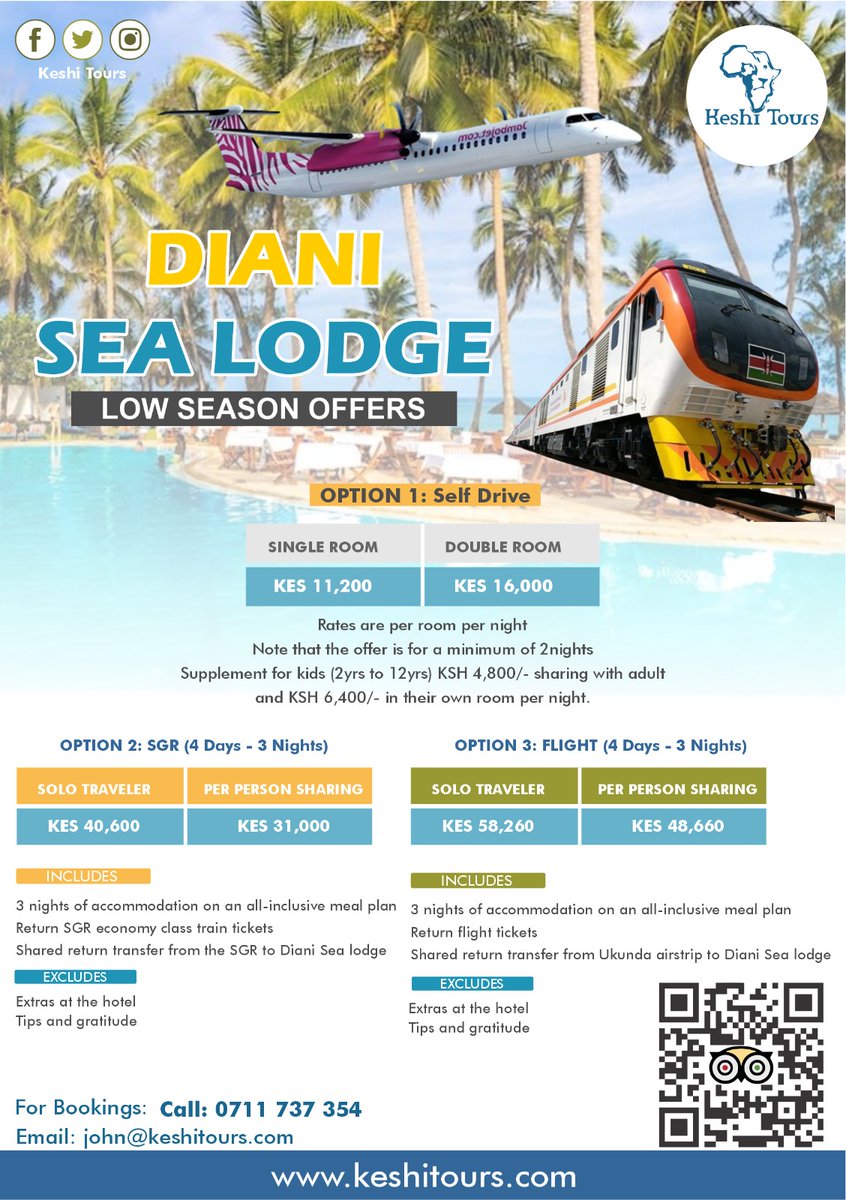 Its low season , book your coast vacation now and enjoy our affordable deals.

Visit Keshi Tours today &amp; get your mind blown by our amazing TRAVEL PACKAGES. 

☎️ : 0735 737 354
📧 : keshitours@gmail.com 
🌐: keshitours.com

#Travelwithkeshitours
 #Tembeakenya