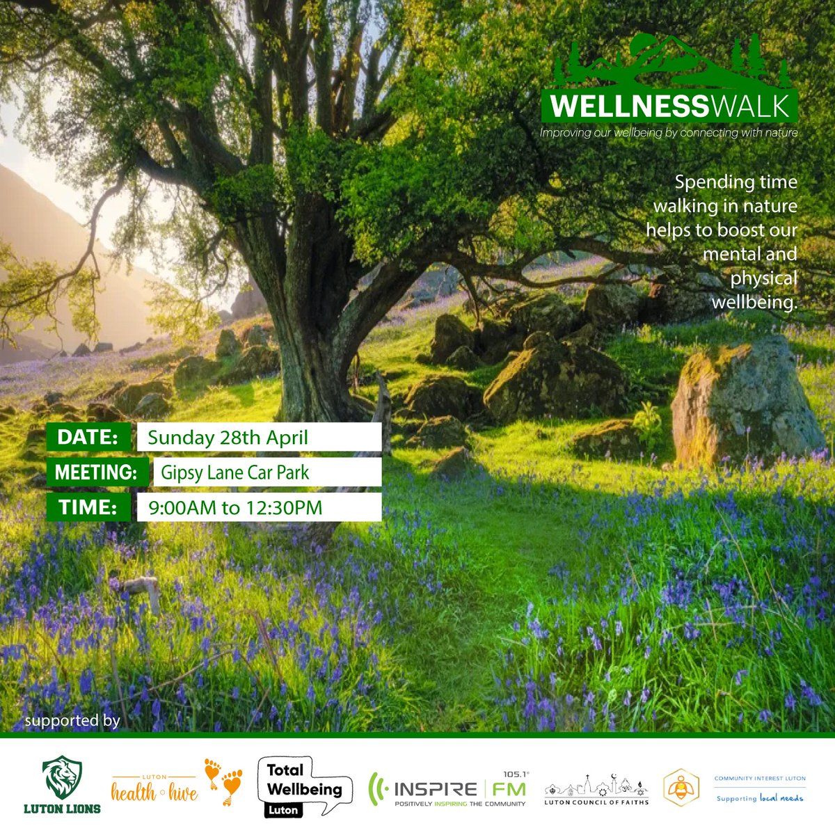 Join us on our next Wellness Walk on Sunday 28th April 2024, meeting at Gipsy Lane Car Park - 9am to 12:30pm. Brighten up your Sunday and enjoy a short walk, seeing local sights and enjoying great company Register here: eventbrite.com/e/807618718327… We look forward to seeing you.