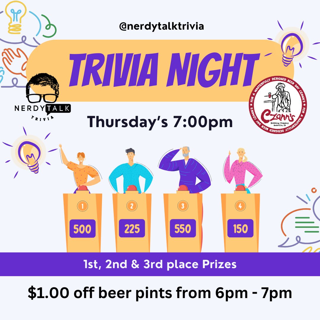 Thursday Trivia Night!  
$1.00 off beer pints from 6-7pm.  Get here early to get your table!