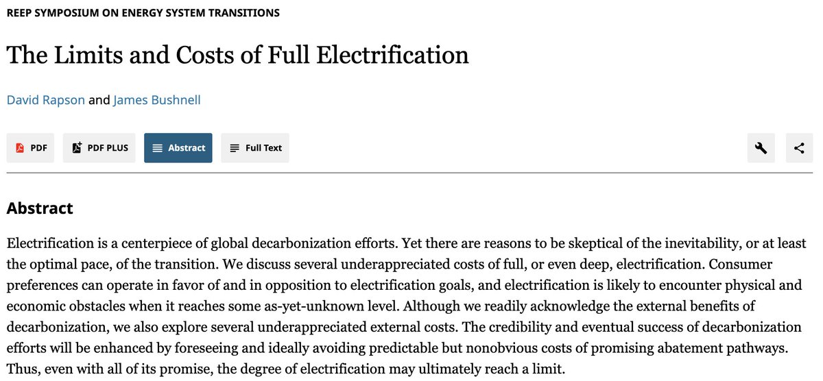 🆕 New article in <a href="/ReepAere/">Review of Environmental Economics and Policy</a>, part of The Coming Energy Transition symposium in the Winter 2024 volume:

"The Limits and Costs of Full Electrification" by David Rapson (<a href="/RapsonEnergy/">David Rapson</a>) and James Bushnell

Read it here: journals.uchicago.edu/doi/10.1086/72…