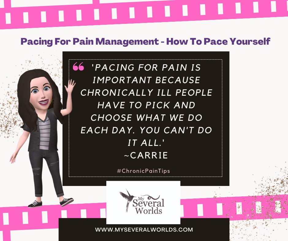 Pacing for #PainManagement is one way that I cope with #ChronicIllness. It is crucial to my lifestyle. Without it my life can quickly spiral out of control. Learn more about pacing: myseveralworlds.com/2015/09/28/chr… #ChronicPain #FibromyalgiaAwareness #arthritis #axSpA #MySeveralWorlds