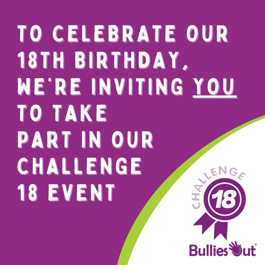 🏆 Challenge 18 is a fun, active fundraising challenge which you can do either on your own or as part of a team. You pick your own challenge so anyone and everyone can take part, and the challenge can even be done virtually! 🔗 bulliesout.com/events/challen… #charity #fundraise