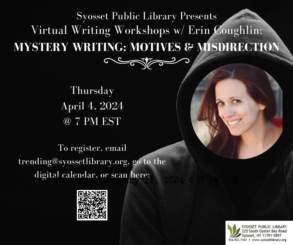 TONIGHT! Join writing coach @galaboutown for a workshop on crafting motives & misdirection in mystery writing. Register to participate in writing prompts, exercises and games that will help you create a gripping mystery novel or screenplay.